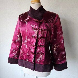 Vintage 70s 80s Red Wine Fur Satin Floral Asian Chinese Frog Closure Jacket M